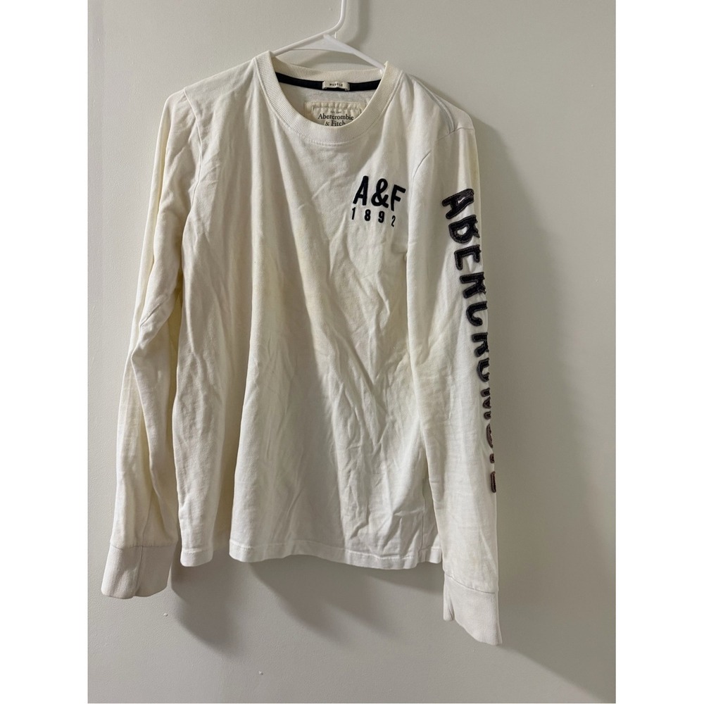 Abercrombie & Fitch Long Sleeve Tee Kids L Cream Fair Logo Sleeve Graphic